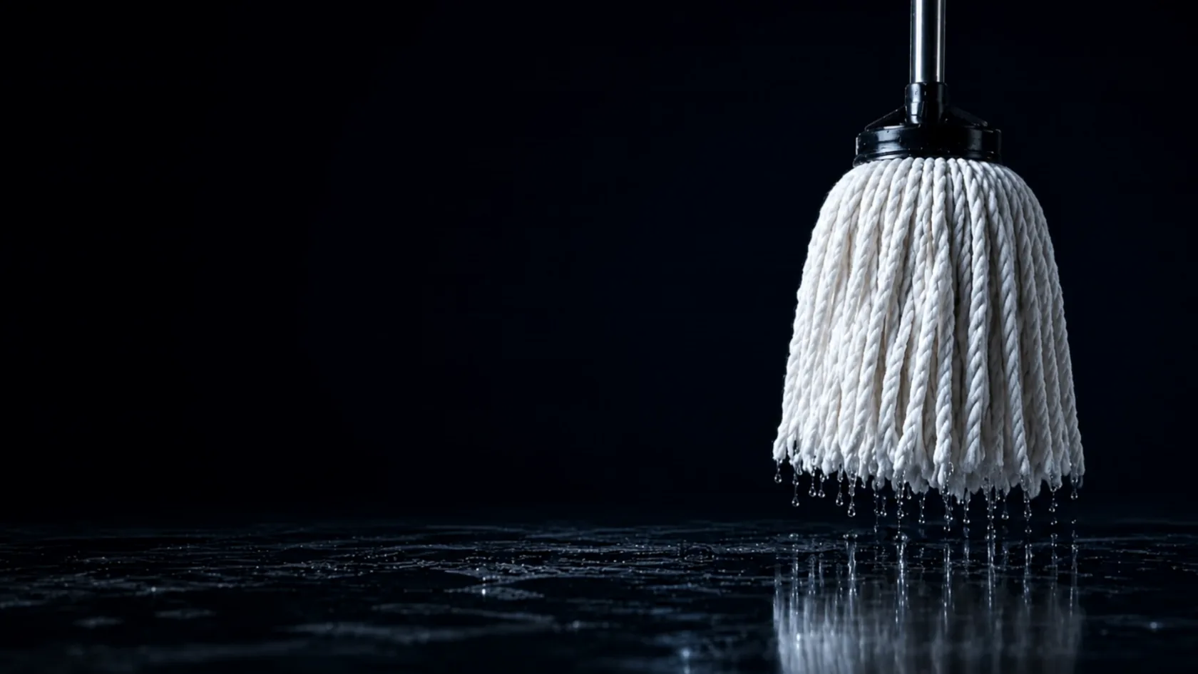 A professional string mop suspended in darkness, dripping onto a sheet of water below.