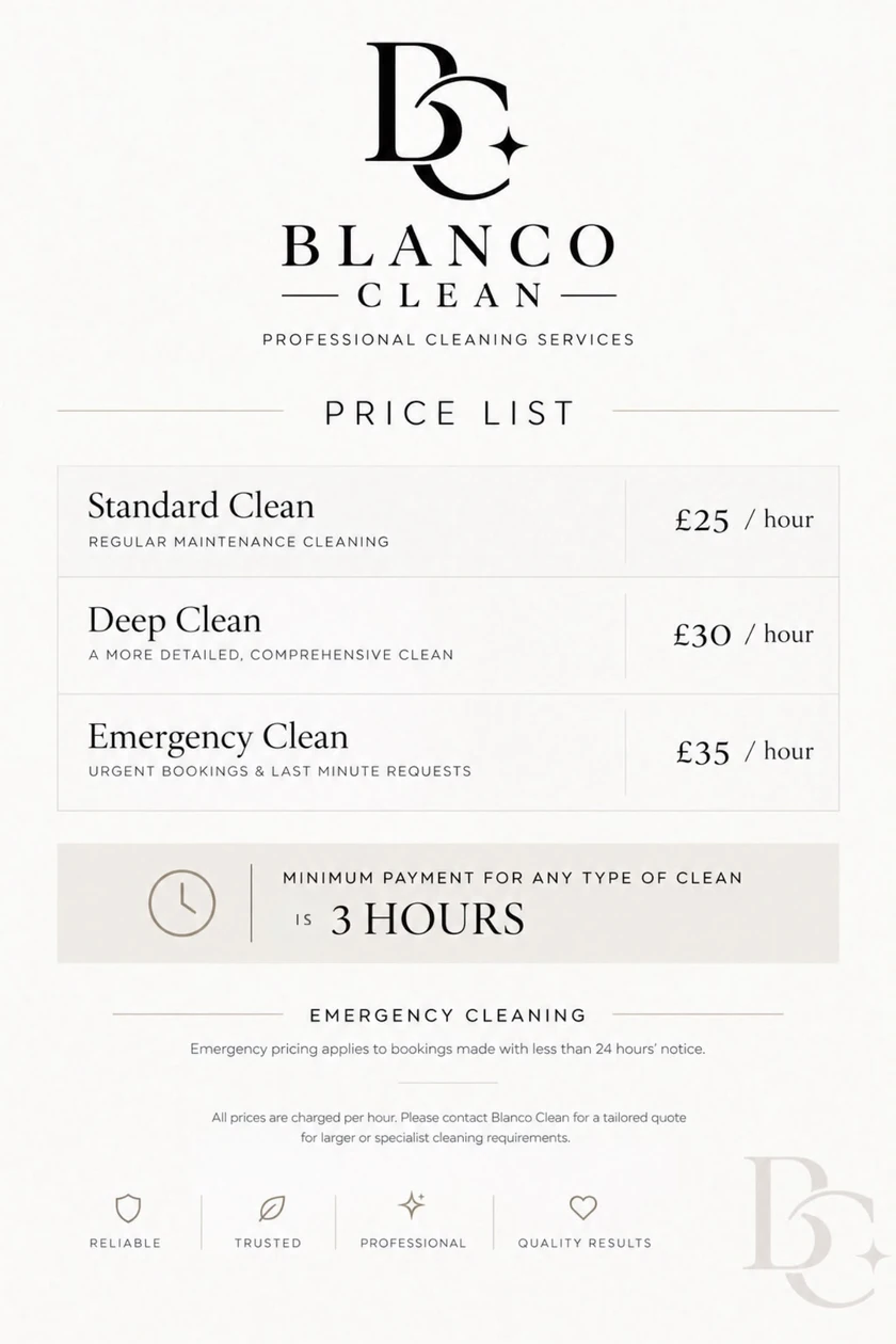 Blanco Clean price list. Standard Clean, £25 per hour, regular maintenance cleaning. Deep Clean, £30 per hour, a more detailed comprehensive clean. Emergency Clean, £35 per hour, urgent bookings and last minute requests. Minimum payment for any type of clean is 3 hours. Emergency pricing applies to bookings made with less than 24 hours' notice. All prices are charged per hour — contact Blanco Clean for a tailored quote for larger or specialist cleaning requirements.